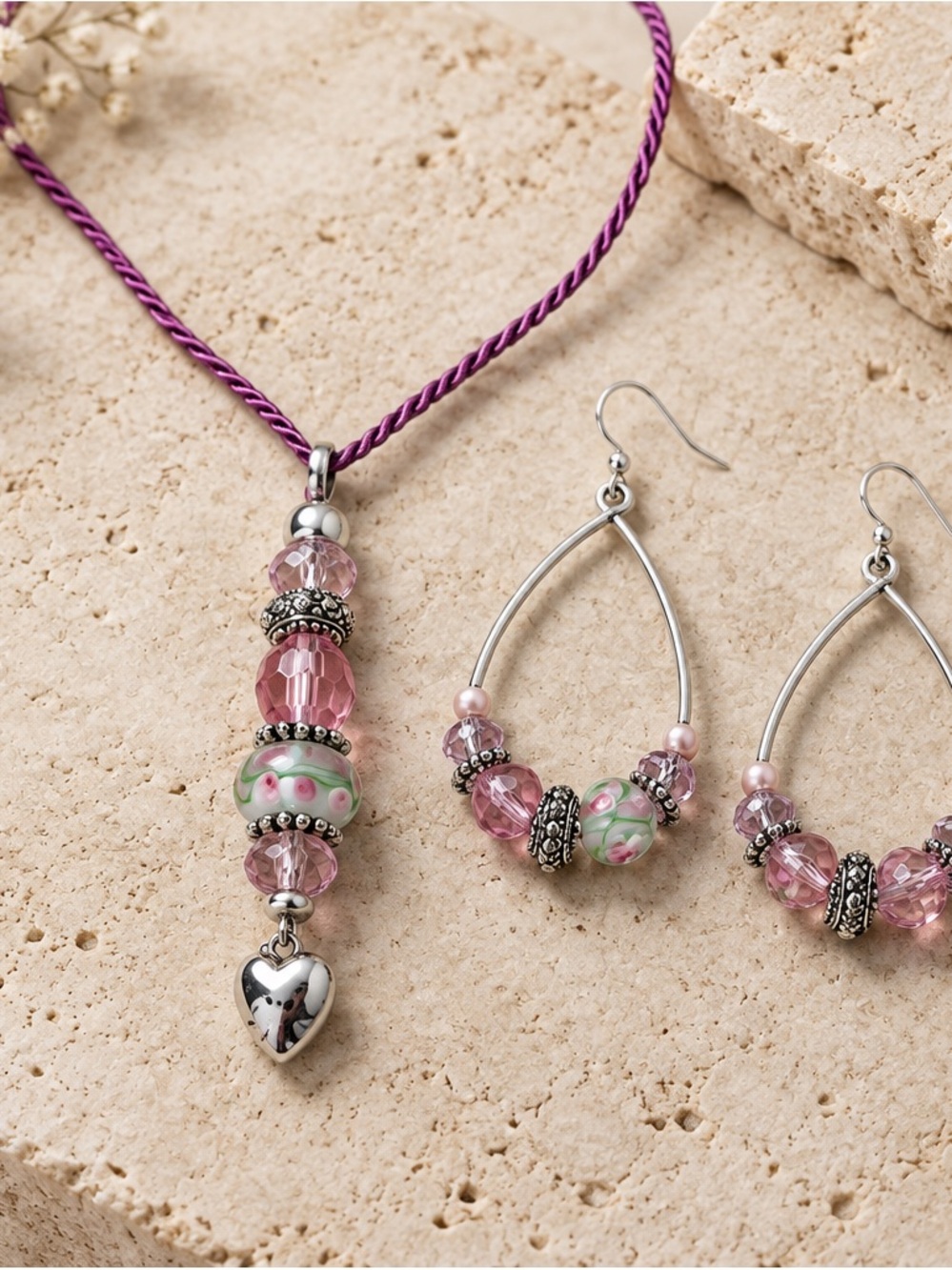 Avon Pink and Purple Glass Bead Heart Pendant Necklace with Hoop Earrings